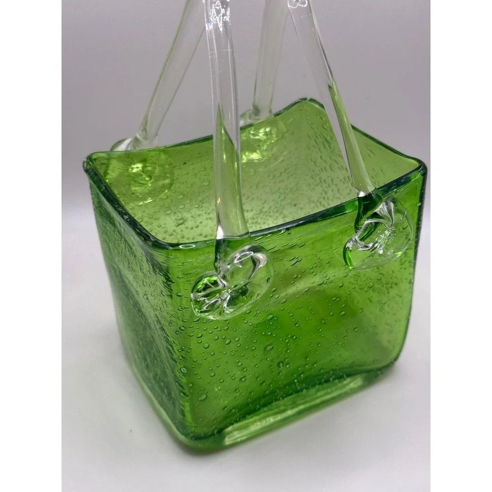 Green Art Glass Basket Vase Hand‎ Blown Bubble Design Decor Accent Piece